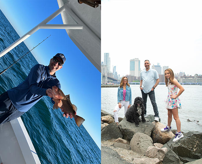 Doctor Jacobson holding fish on boat next to photo of him with spouse daughter and dog on rocky shore